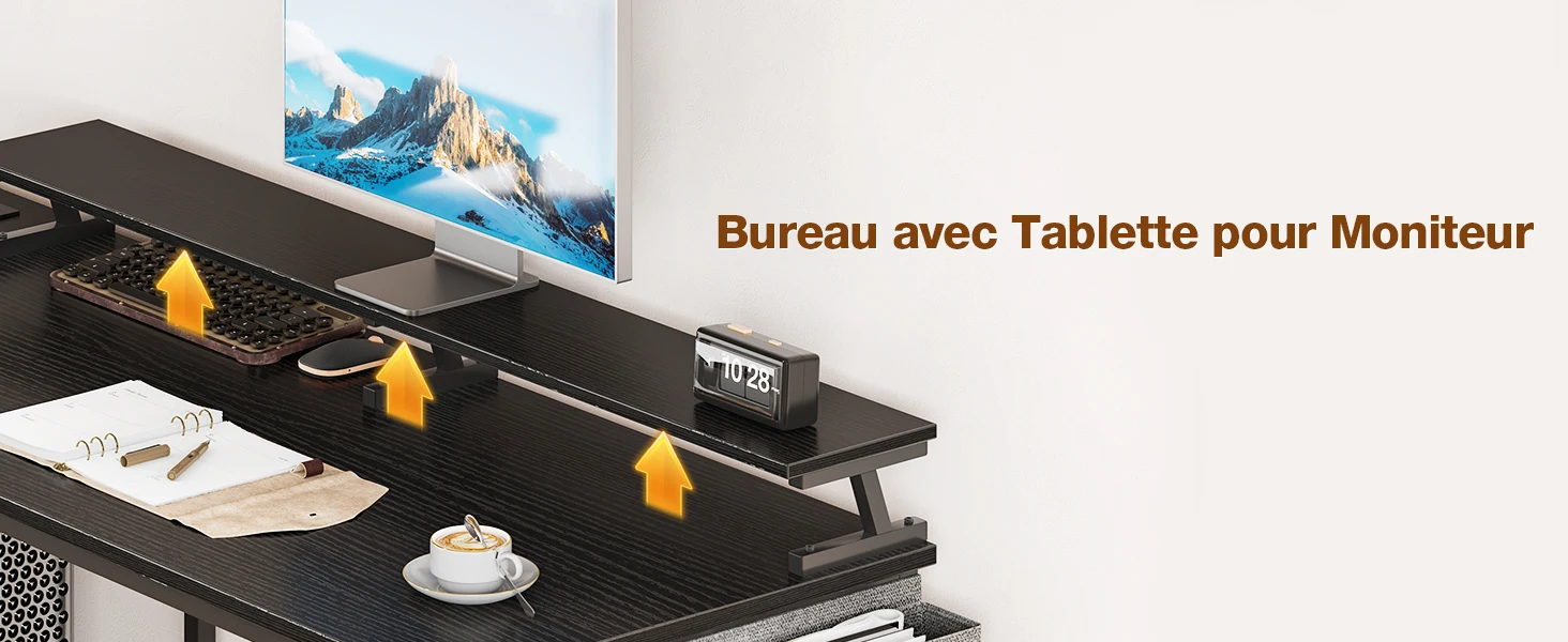with raised monitor stand, multiple storage compartments and cup holder. The text indicates that this is a "Desk with Monitor Shelf"