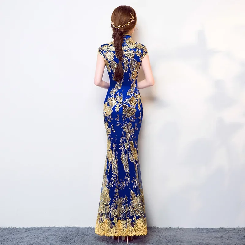Chinese Traditional Dress Women's Slim Cheongsam Embroidery Sequins Modern Oriental Long Qipao Evening Dresses