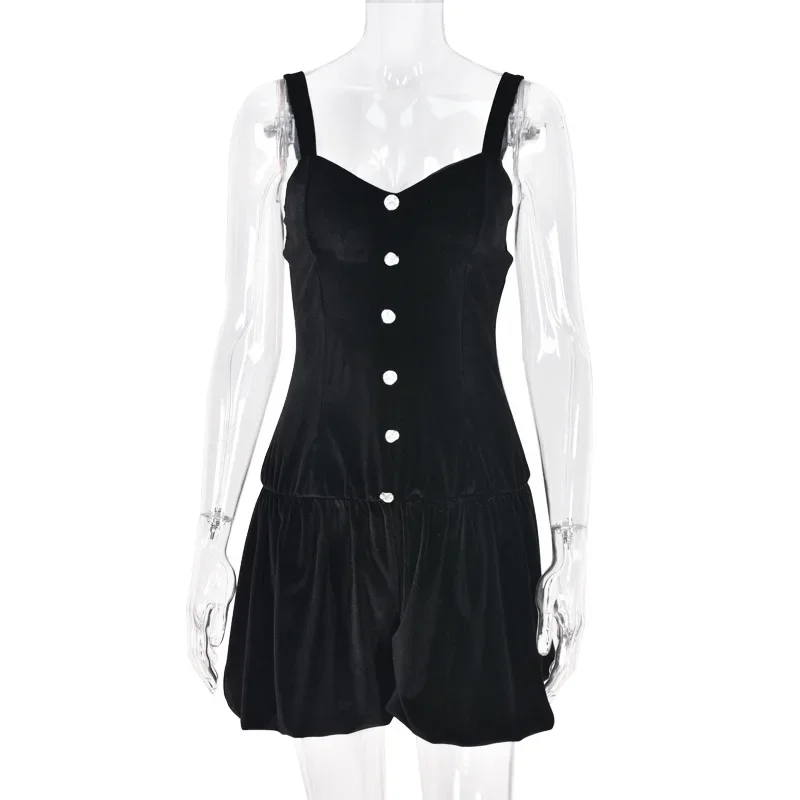 Black Velvet Playsuits Women Jumpsuit Spaghetti Strap Flocking With Buttons Rompers Fashion Elegant Sexy Party Outfits 2024 New