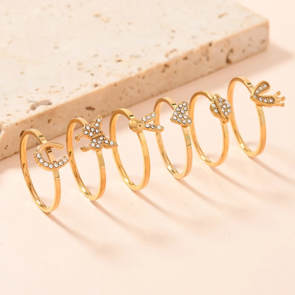 MEDFOLY Size 6-9 1.5mm Stainless Steel Rings for Women 14k Gold Plated Anti-allergy Butterfly Heart Letter CZ Rings Jewelry Gift 2