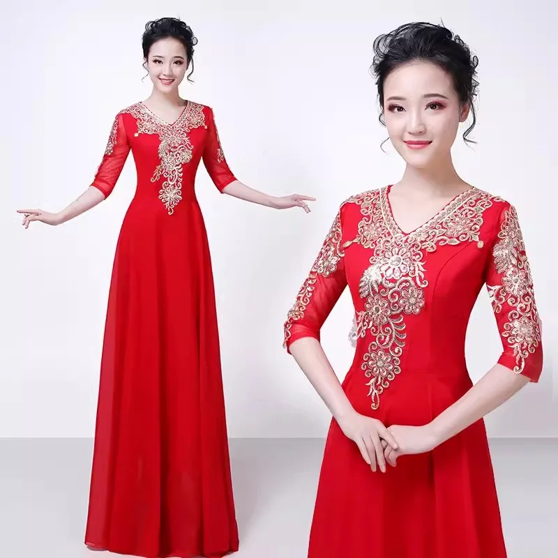Embroidery Dress Female adult college choir conductor long Dress Solo Dress Middle-Aged and Elderly Female Clothing Dresses Red