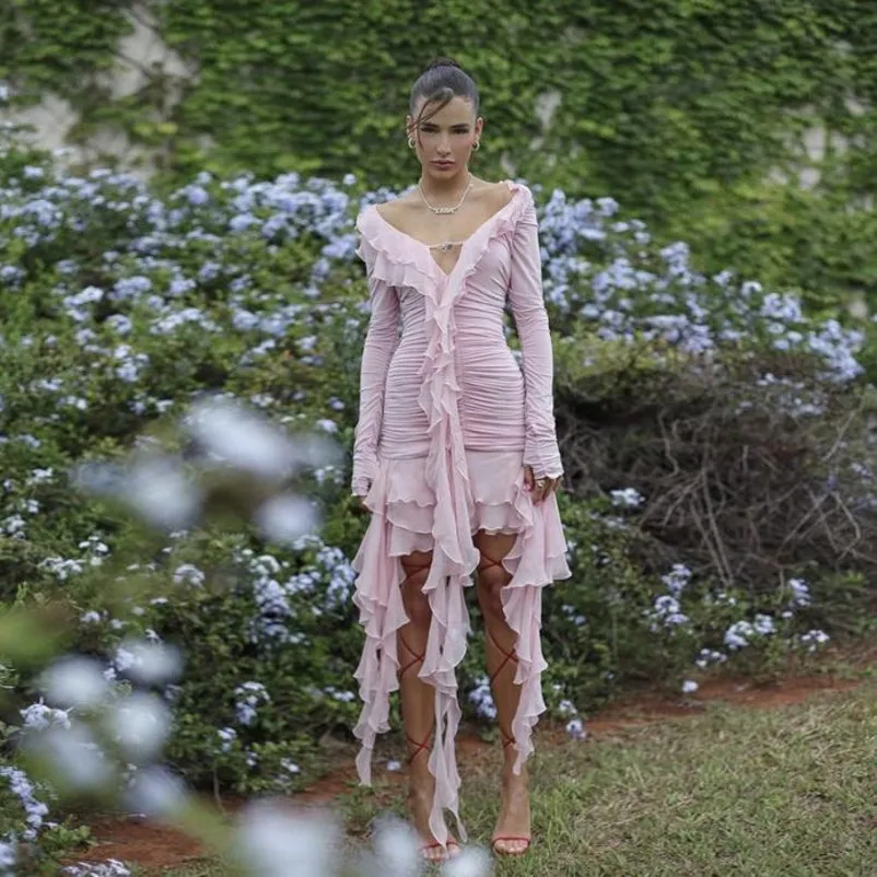 

Newest Sexy Pleated Chiffon Dresses Pink Special Designers Draped Short Dress Full Sleeves Ruffles Fitting Party Gowns