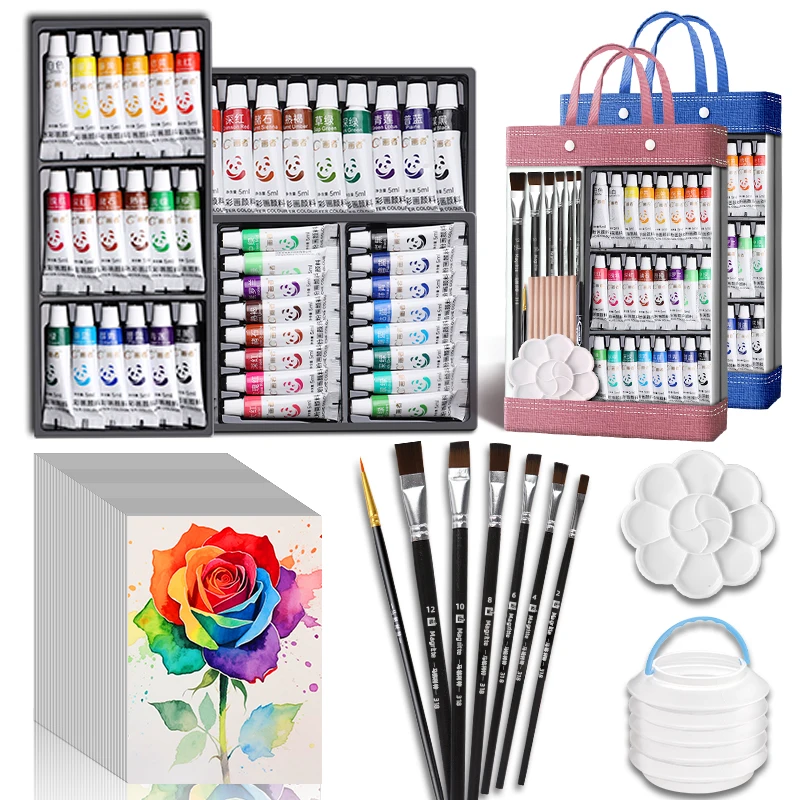 42/48/54 Stück Aquarellfarben-Set mit Tasche, 12/18/24 Farben, Pinsel, Papier, Palette, Pinselwascher für die Schule zum Malen (5 ml/0,17 oz) – Detail 1