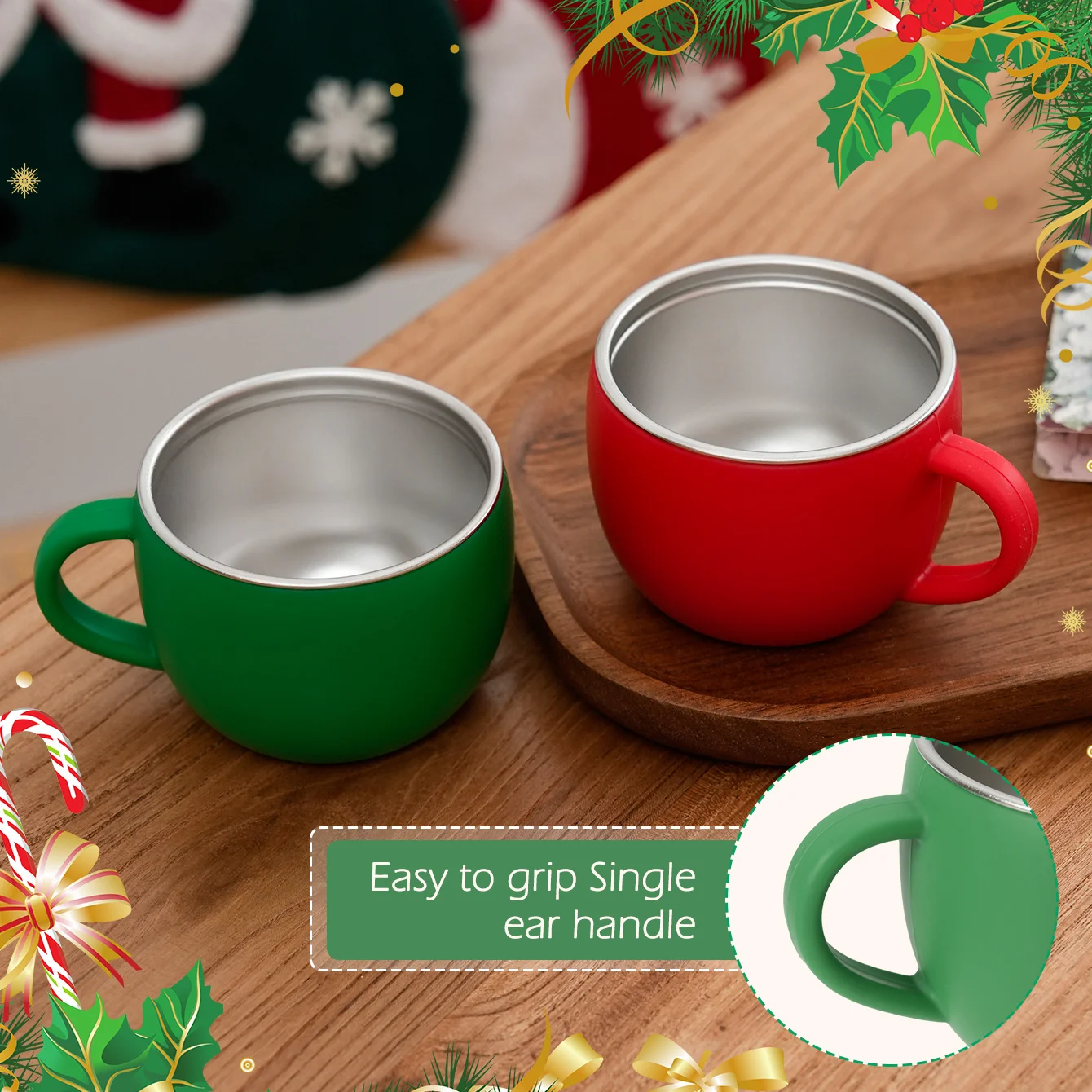 컬러 키즈 1개 단일 손잡이 급식컵 BPA 프리  스테인리스 물컵 탈착식 실리콘 액체컵 크리스마스 선물