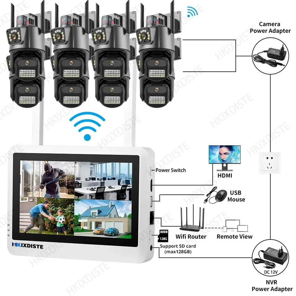 8채널 NVR 무선 8MP WIFI IP 듀얼 렌즈 카메라 키트 가정용 보안 시스템 감시 비디오 레코더 7인치 LCD 모니터 ICsee 앱