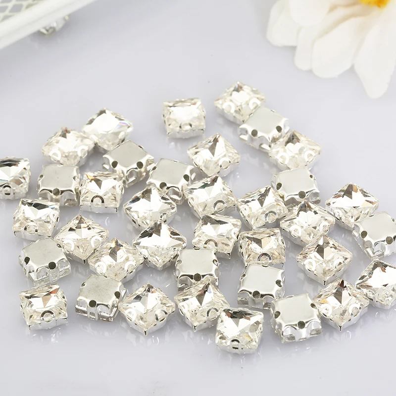 PEESOM 50PCS 유리 돌 플랫 백 슬리버 설정에 8x8mm 사각형 바느질 DIY 웨딩 드레스에 대 한 명확한 크리스탈 라인 석
