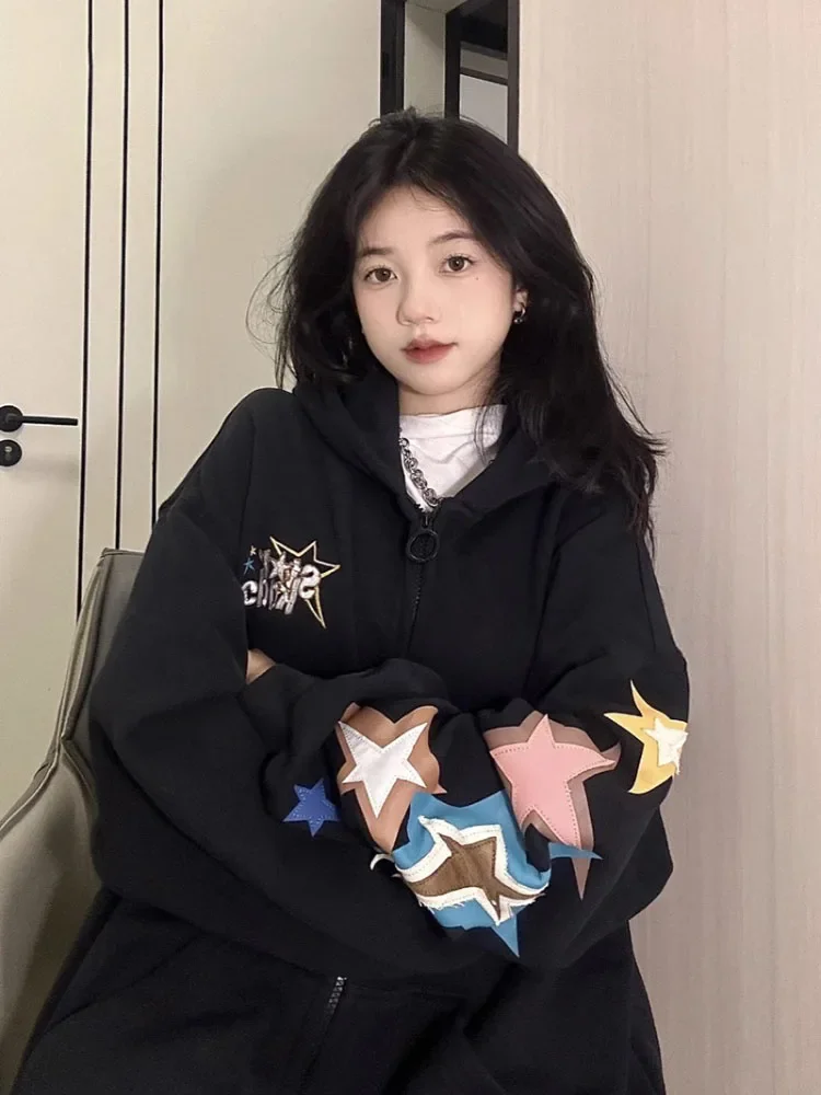 

Пальто в стиле Харадзюку, Женская винтажная уличная одежда в стиле бойфренда, женский топ с вышивкой и звездами, Повседневная модная одежда с капюшоном