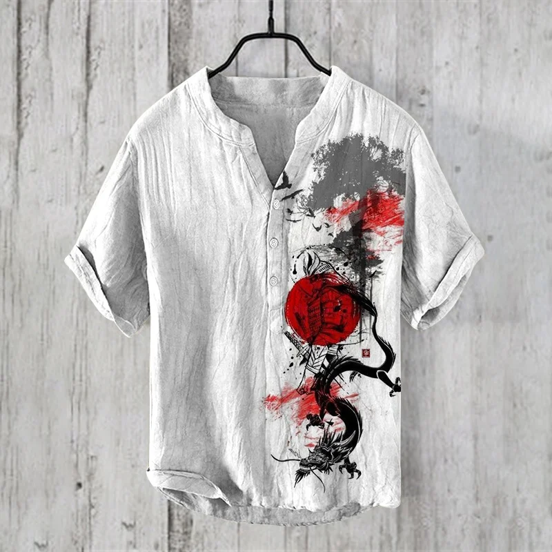 New style ink cherry blossom carp 3D print stand collar short sleeve shirt foreign trade fashion casual loose bamboo linen shirt