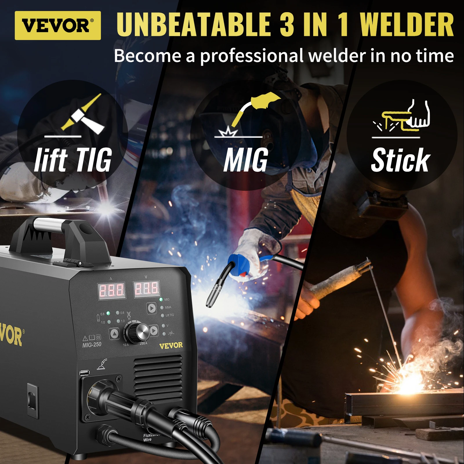 VEVOR 250A MIG MMA Lift TIG Welder 220V 3 in 1 Functions Flux Core Wire Welding Machine Gas/Gasless Switchable Mode with Gun 2