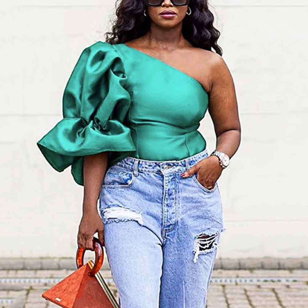Blusas de fiesta mujer, camisa de un hombro con farol, color verde, a la moda, elegante, para noche, fiesta y Club, verano 2022| | - AliExpress