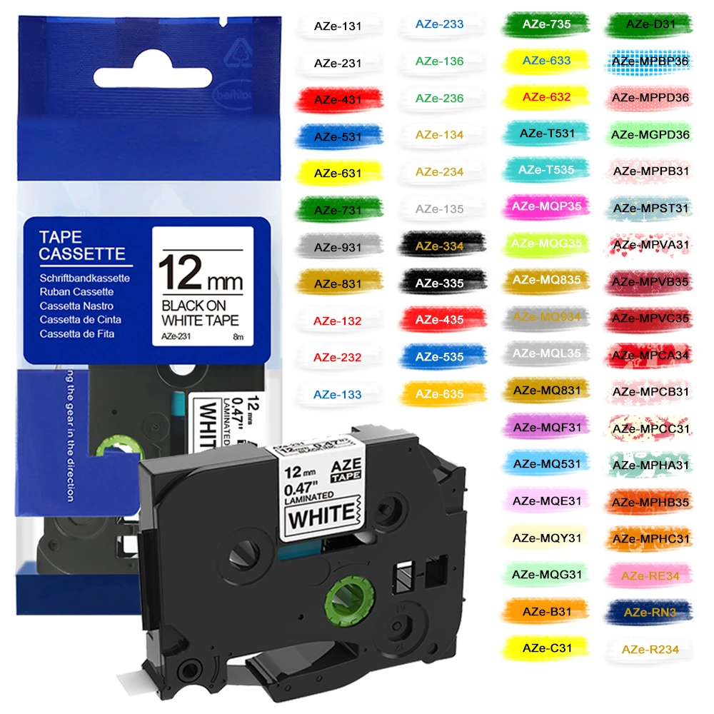 31 colors compatible for tz231 131 231 label tape 12mm for brother printer tze 631 laminated ribbon pt h110 label maker tze231 tze131 tze631 Laminated Ribbon 12mm Compatible for Brother Ptouch PTH110 PTD600 D200 PTP710BT E1000PRO Label Maker Tape