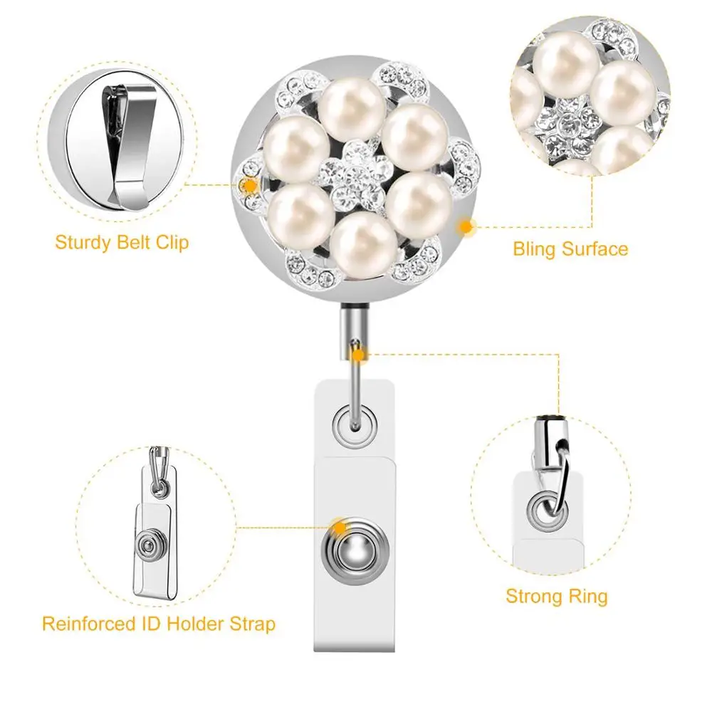 Idclip 1pcs Bling Rhinestone Pearl Badge Reel Id Retractable Badge