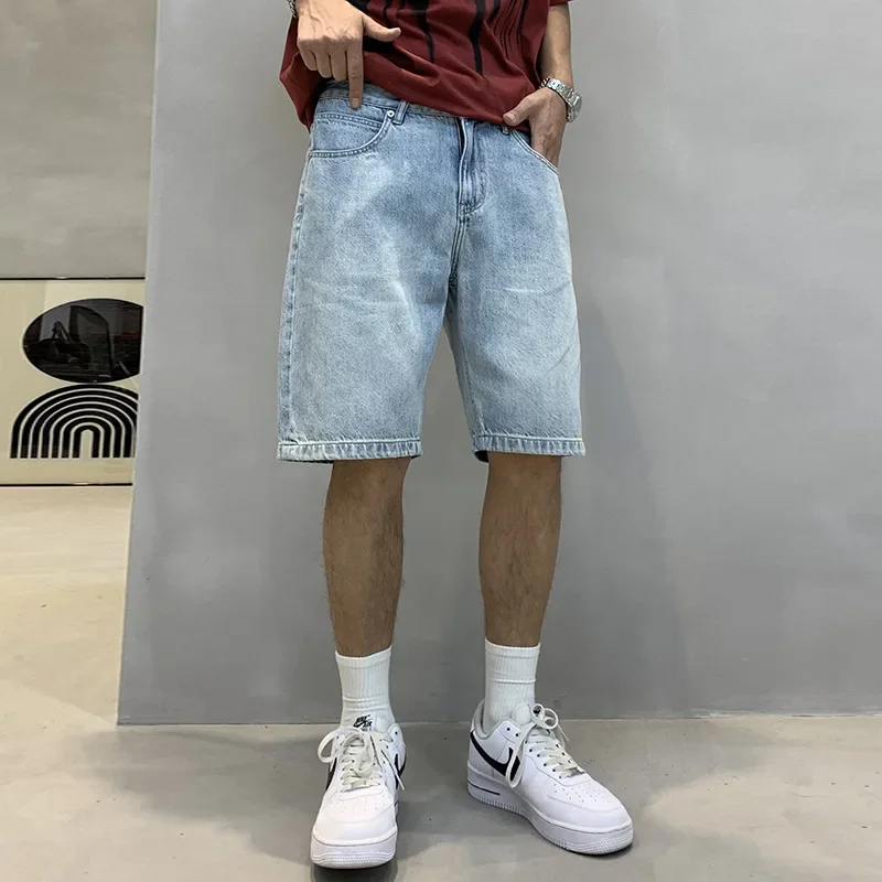 Fashionable Niche Design Sensibility Washing Light Denim Men's Casual Shorts Straight Leg Trendy Midsummer Pants