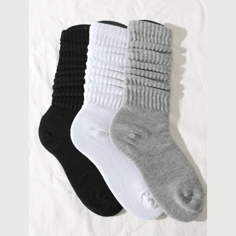 3 Pairs Women Pile Up Socks Fashionable Trendy Versatile White Solid Color Basic Socks Comfortable Breathable Mid Length Socks - 3