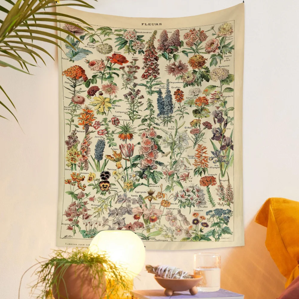 Botanical Print Floral Tapestry Wall Hanging Mushroom Tapestry Vintage Boho Wildflower Vegetable Tapestry Colorful Home Decor