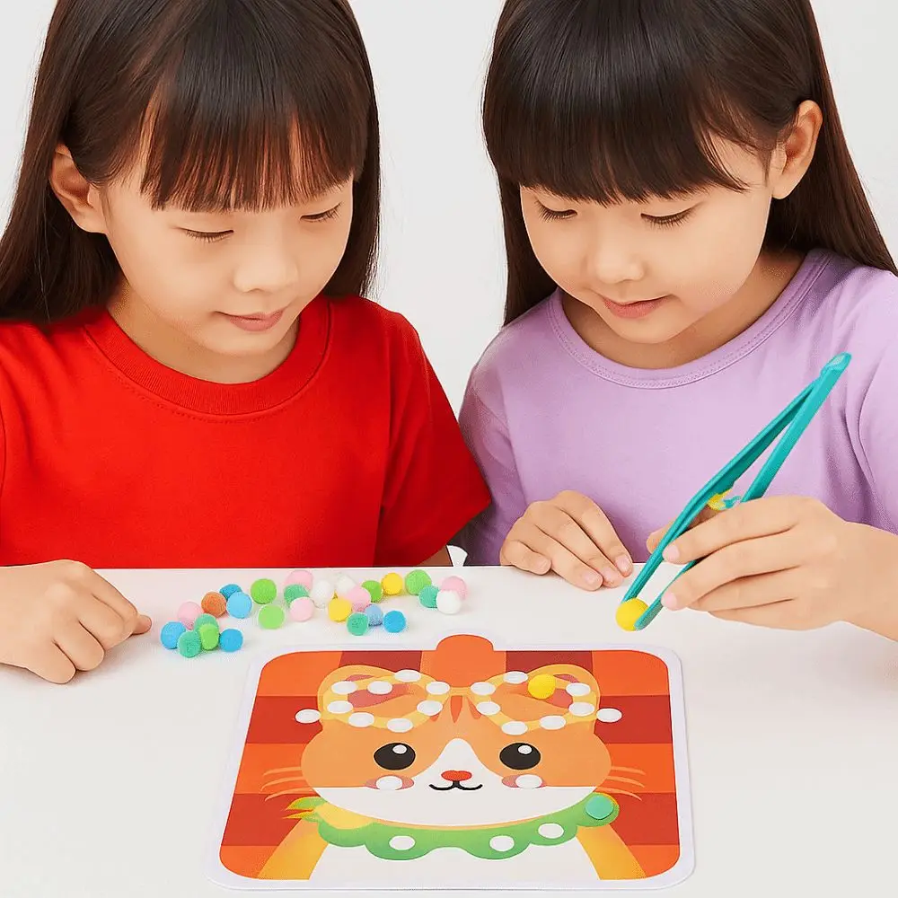 Handmade Material Children's Sticker Book Educational Hairball Animal Pompom Art Kit Early Learning Cartoon Pompom Crafts Toy