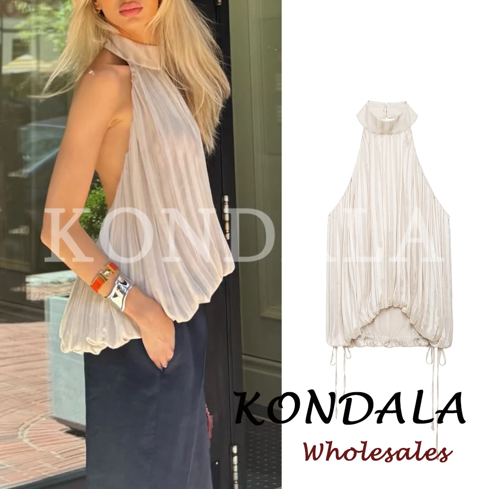 KONDALA Schickes Beige Sexy 2026 Damen-Top Sommer Neckholder-Plissee-Top Elegantes Rückenfreies Modisches Ärmelloses Damen-Oberteil
