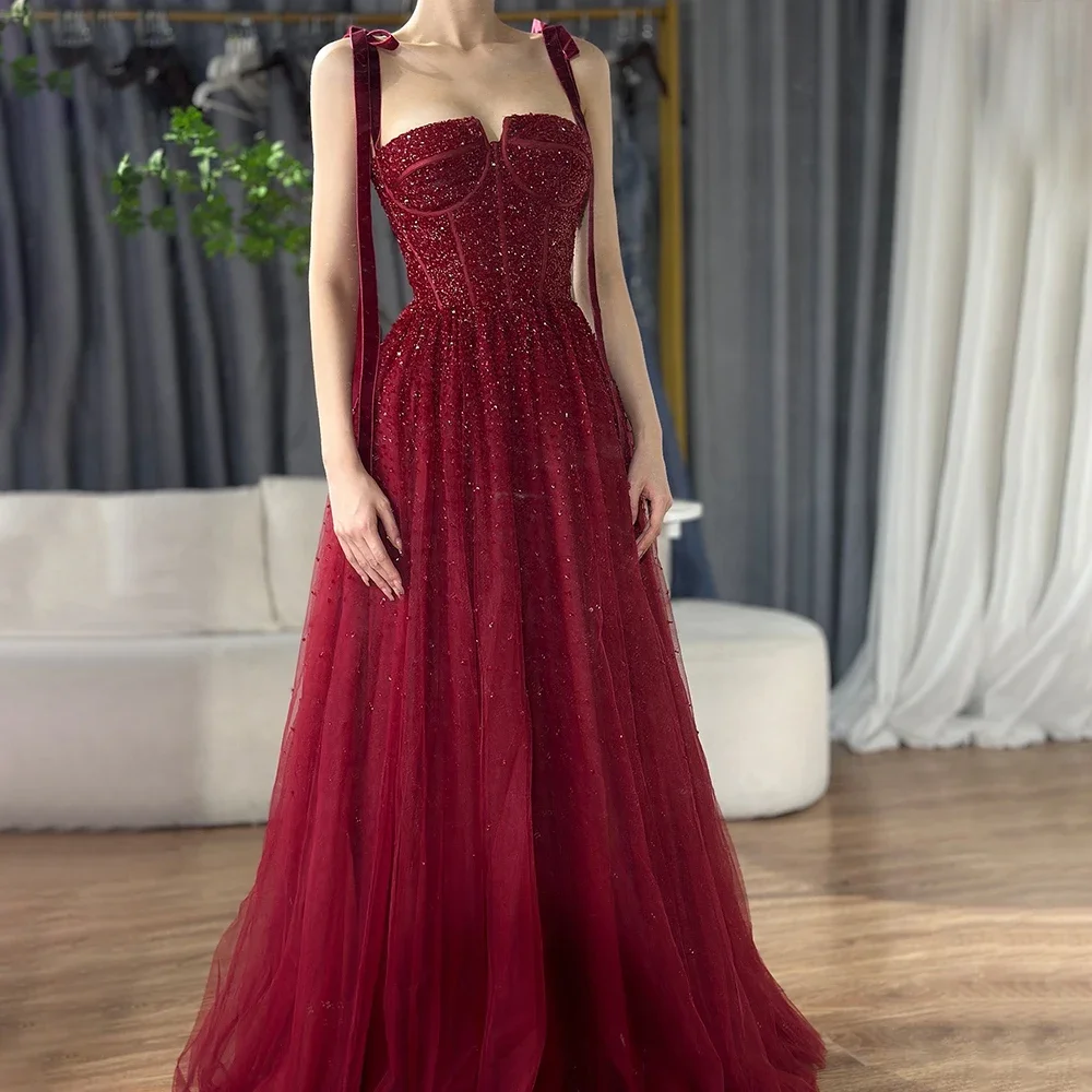Serene Hill 2025 Saudi Wine Red Beaded Evening Dresses