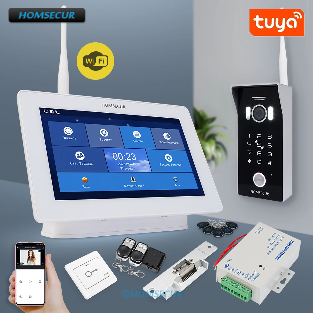 

HOMSECUR 7" Wireless WIFI Tuya HD Video Doorbell Intercom Password Card Access Recording&Photo 12V Fail Safe Lock Exit Button