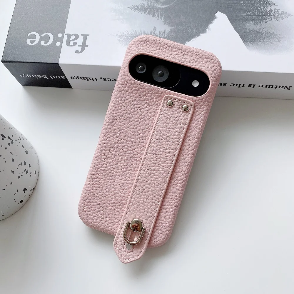 Lichee Pattern Leather Phone Case with Wrist Strap and Bracket - Protective Back Cover