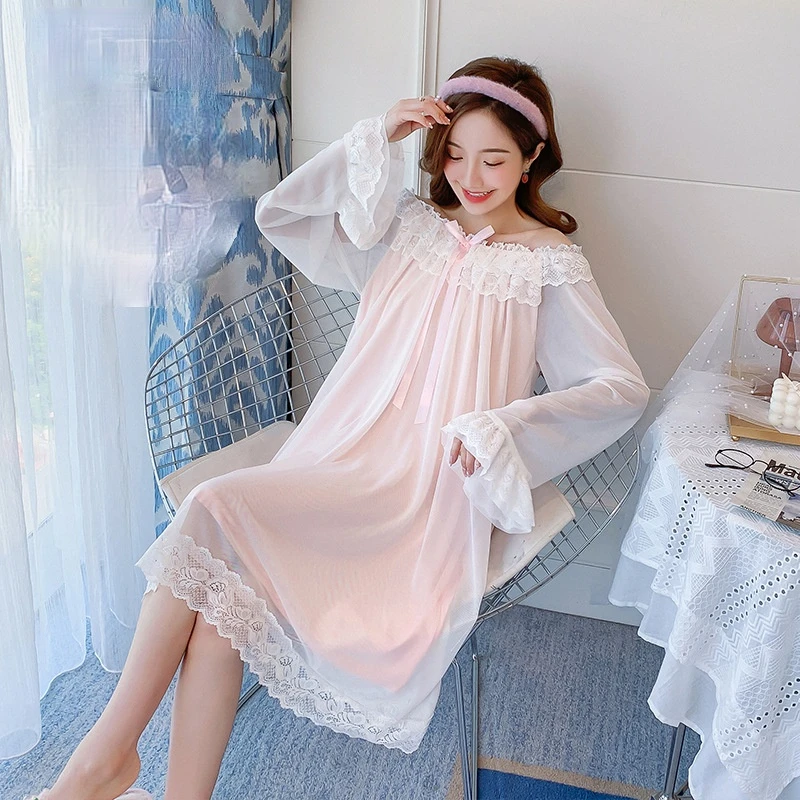 Women Night Dress White Pink Lace Mesh Long Sleeve Peignoir