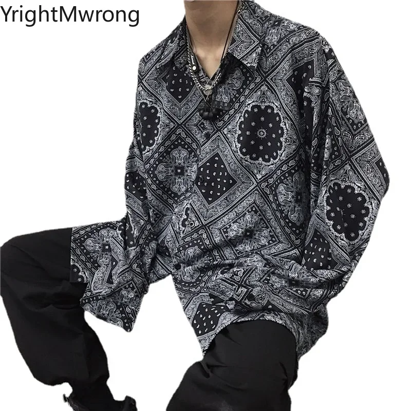 페이즐리 반다나 칼라 풀 슬리브 버튼 업 셔츠 하라주쿠 여성 남성 빈티지 streetwear 루즈 탑 블라우스 가을 하와이 힙합