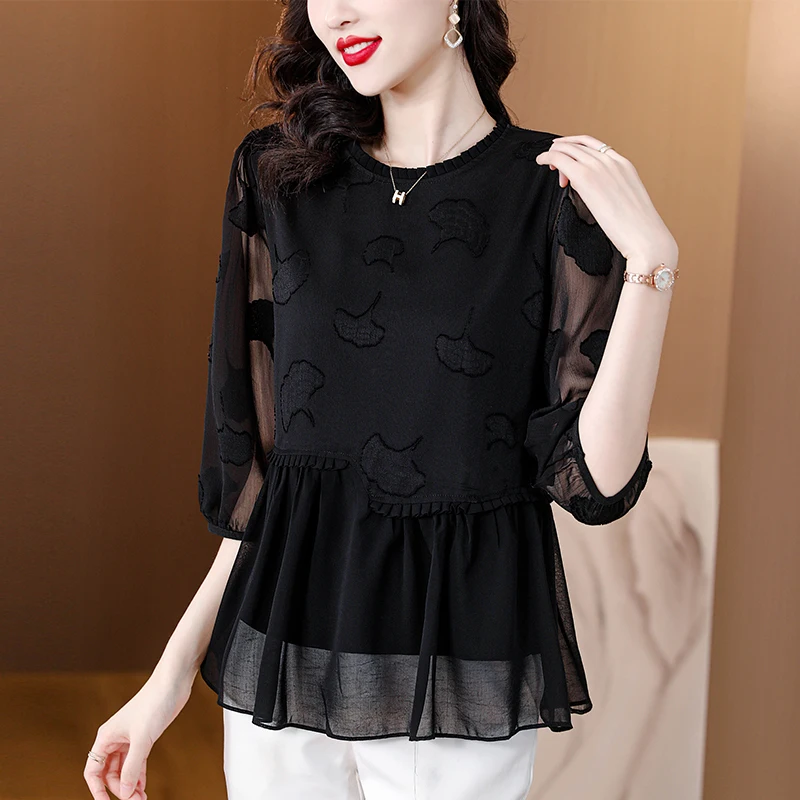 2023 New Lace Vintage Patchwork Fashion Blouse Women Clothing 3/4 Sleeve Printed Chiffon Shirts Ladies Loose Casual Tops