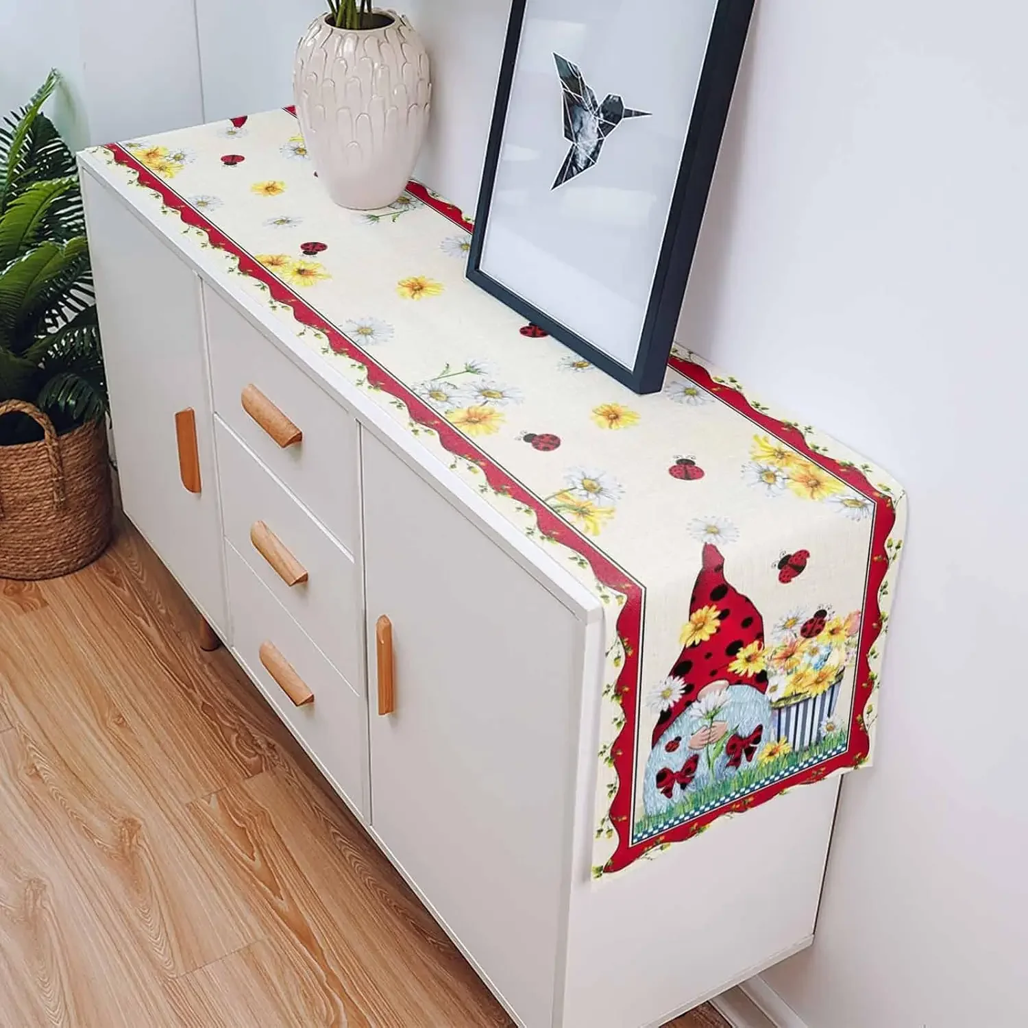 Spring Gnome Ladybird Flowers Linen Table Runner Dresser Scarves Table Decor Farmhouse Kitchen Dining Table Runner Party Decor 5