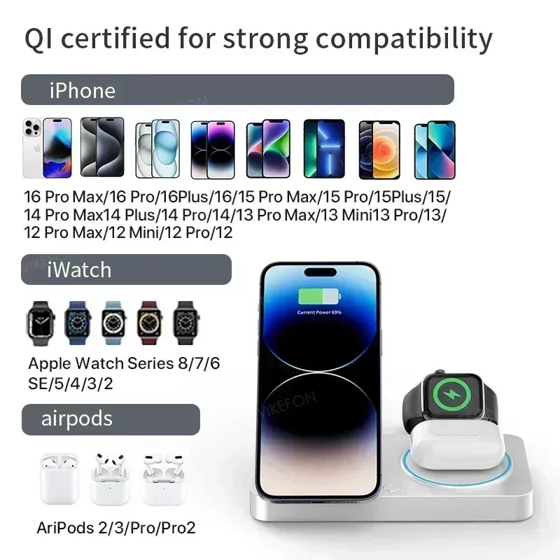 3 in 1 Magnetic Wireless Charger Foldable Phone Stand Fast Charging Station For iPhone 16 15 14 Pro Max iWatch 10 9 Airpods Pro2