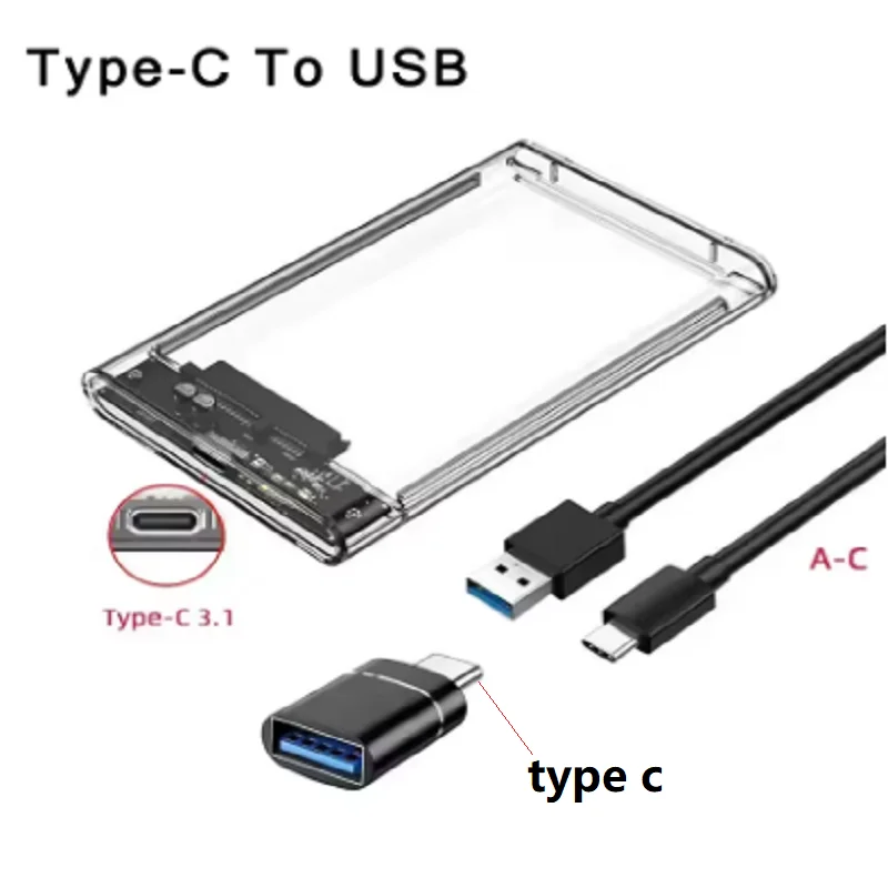 2.5인치 투명 HDD 케이스 HDD 인클로저 SSD SATA-USB 3.0 Type-C 3.1 어댑터 휴대용 외장 하드 드라이브 박스 도구가 필요 없음