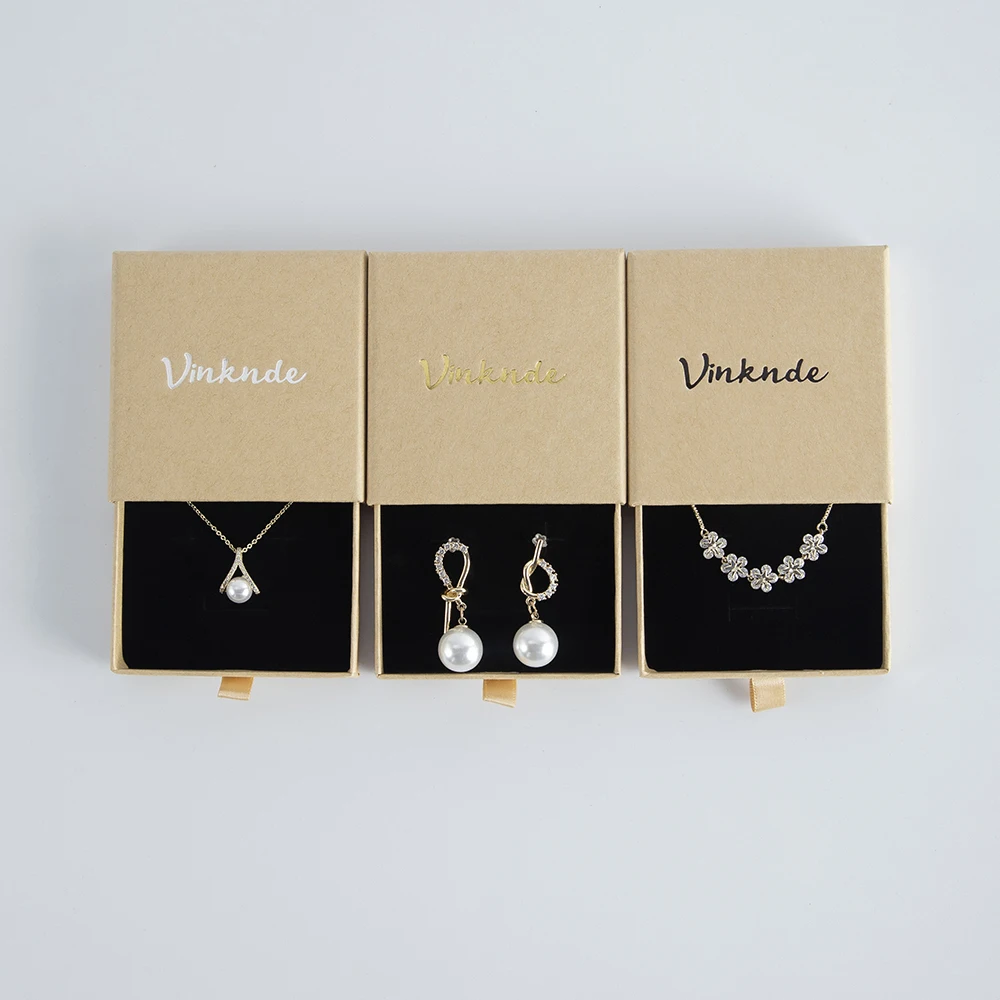 

Custom Brown Kraft Paper Small Square Luxury Jewelry Sliding Drawer Boxes With Logo 7x7x1.7 For Earrings Necklace Ring Packaging