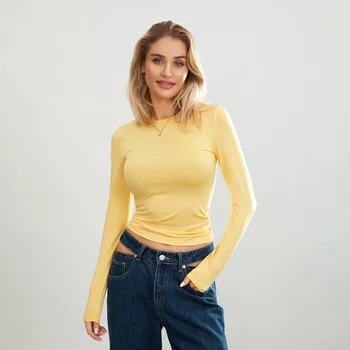 Women Long Sleeve Basic T-Shirts Solid Color Crew Neck Casual Shirts Fall Slim Fit Tops Streetwear 1