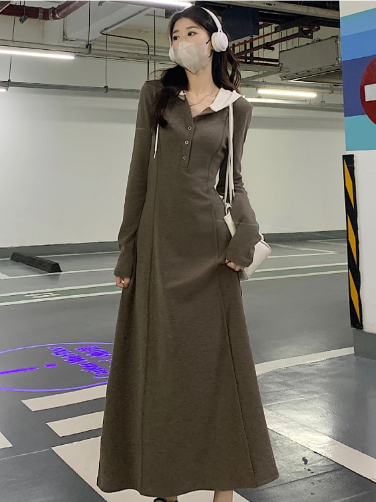 

Autumn Winter New Plus Size Women's Elegant Dresses Korean Casual Hooded Long Sleeve Fashion Slim Chic Long Dresses for Women