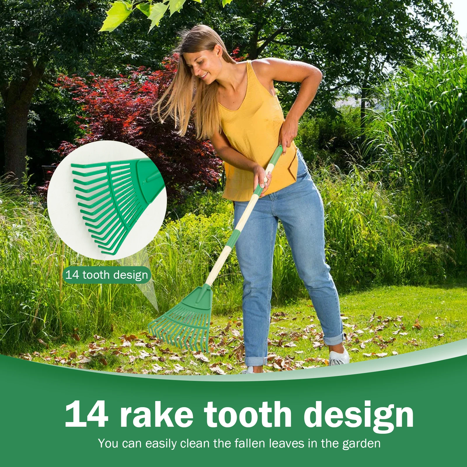 2Pcs Kids Leaf Rake Adjustable Garden Leaves Rakes with 3 Section Removable Handle Gardening Tool Plastic Wood Child Garden Rake