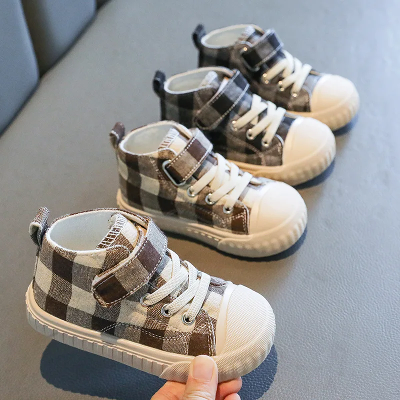 Canvas Shoes Boy Toddler Kids Boots Girls Autumn Winter Checkered Shoes Plaid Children Boots Girl Cartoon Sneaker Anti-Slippery