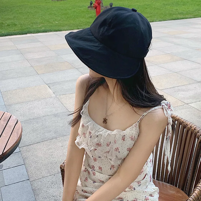 Sun protection hat Women's Summer Cotton Bucket Hat Outdoor Beach Adjustable Solid Color Fisherman