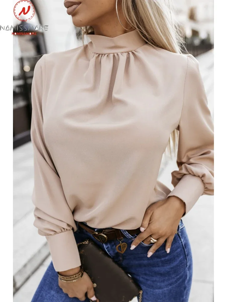 

Модная женская однотонная блузка с вырезами, Дизайнерские пуговицы, Декор, полувысокий воротник, длинный рукав, весна-осень, свободные пуловеры, Топ