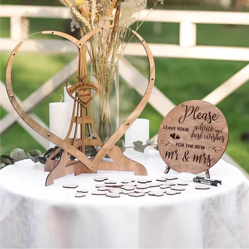 Wooden Sweet Heart-shaped Wedding Guest Book 3D Engraved Transparent Guest Drop Box Welcome Card Decorations