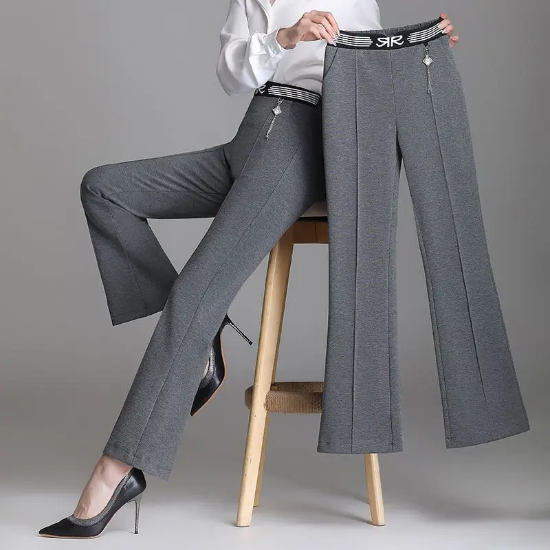 Office Lady Fashion Flare Pants Korean Spring Autumn Women Elastic High Waist Solid Simple Pocket Slim Versatile Casual Trousers