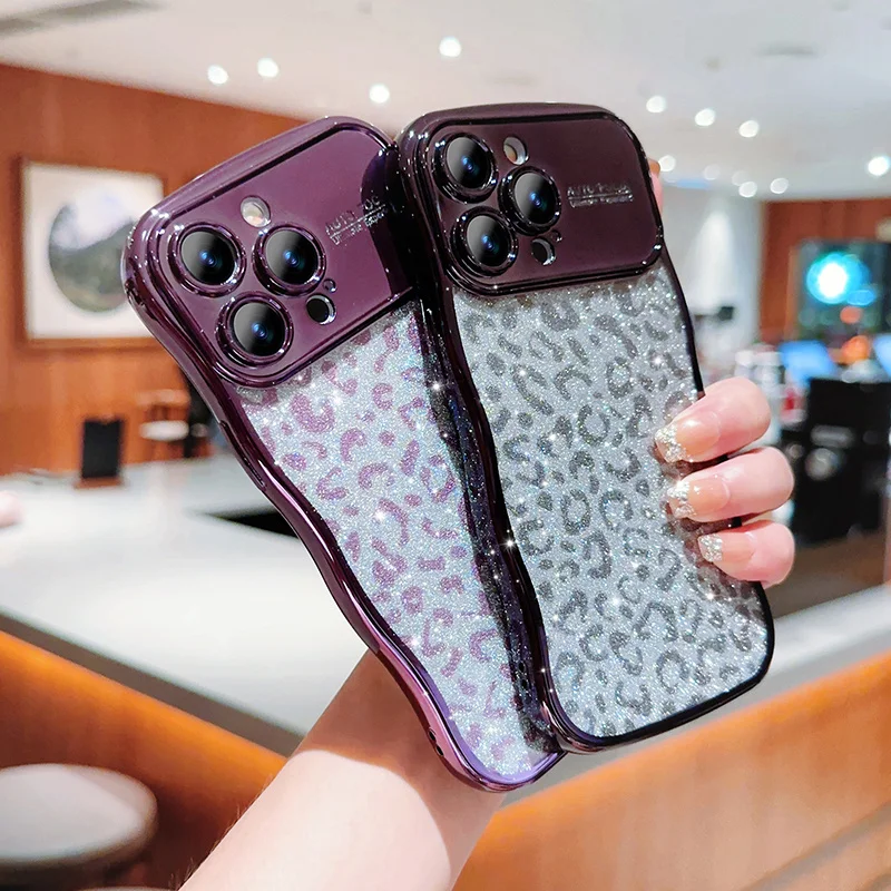 Curved Frame Glitter Leopard Pattern Plating Case For iPhone 15 14 13 12 11 Pro Max Lens Protect Shockproof Soft Cover_voghion.com