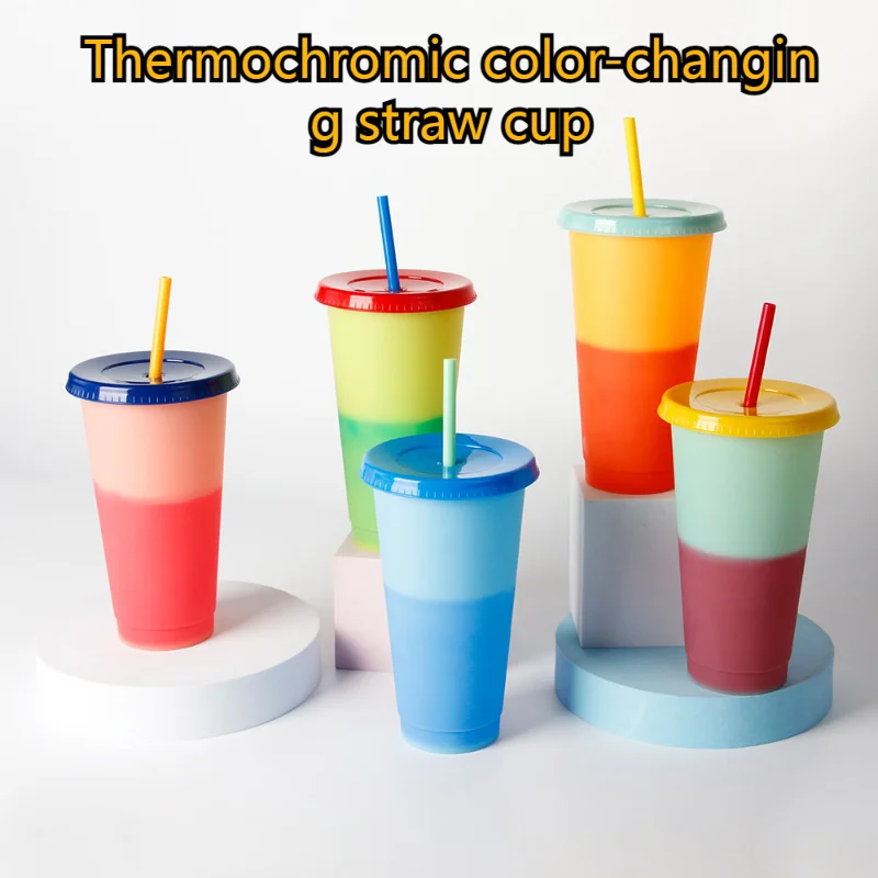 

Thermosensitive Straw Color-changing Cup 700ml Single-layer Plastic Straw Cup Outdoor Travel Sports Portable Drinking Cup
