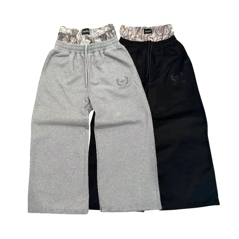 Y2K Casual Sweatpants Double Waist Checkered Camouflage Striped Side Splicing Wide Leg Pants American Style Trendy Streetwear wide leg pants fashion pants fashionable wide leg pants