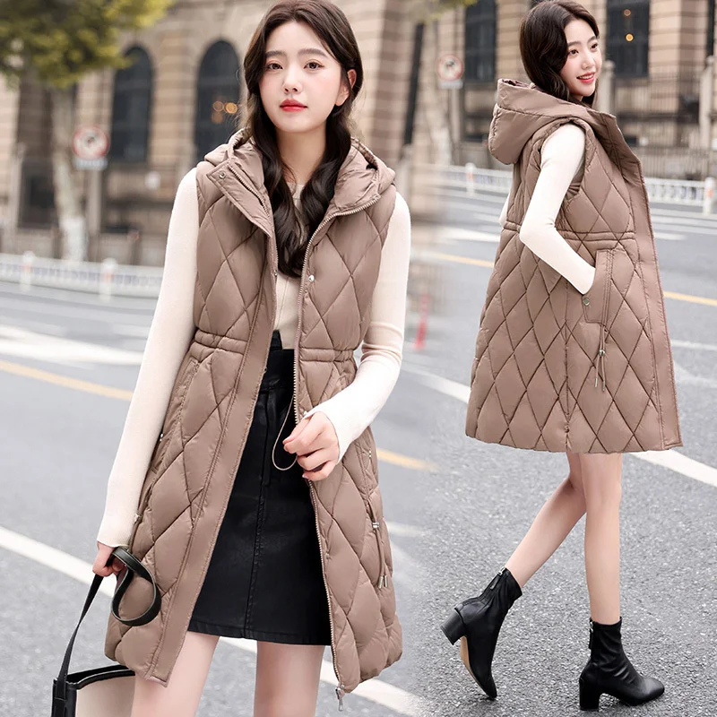 

Мода 2023 Новинка Осень-зима длинный хлопковый жилет женская куртка корейское пальто без рукавов с капюшоном Женский облегающий теплый дамский жилет