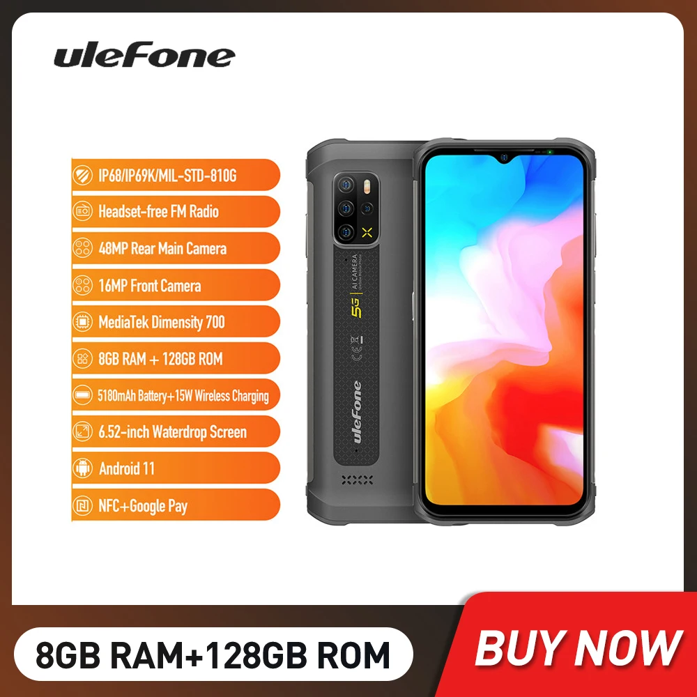 Ulefone Armor 12 5G Rugged Phone Android 11 8Gb + 128Gb Cellulare Smartphone Impermeabili Da 6.52 Pollici 5180Mah Ricarica Wireless Nfc