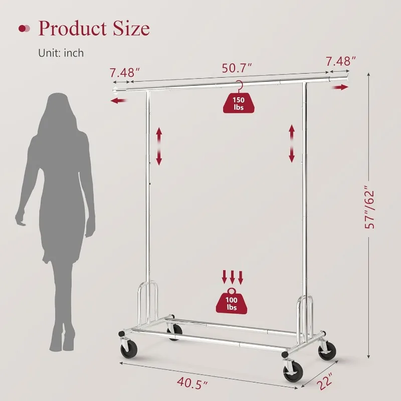 Heavy Duty Clothes Rack Foldable Garment Rack with Wheels and Extendable Rod, Freestanding Clothing Rack 5