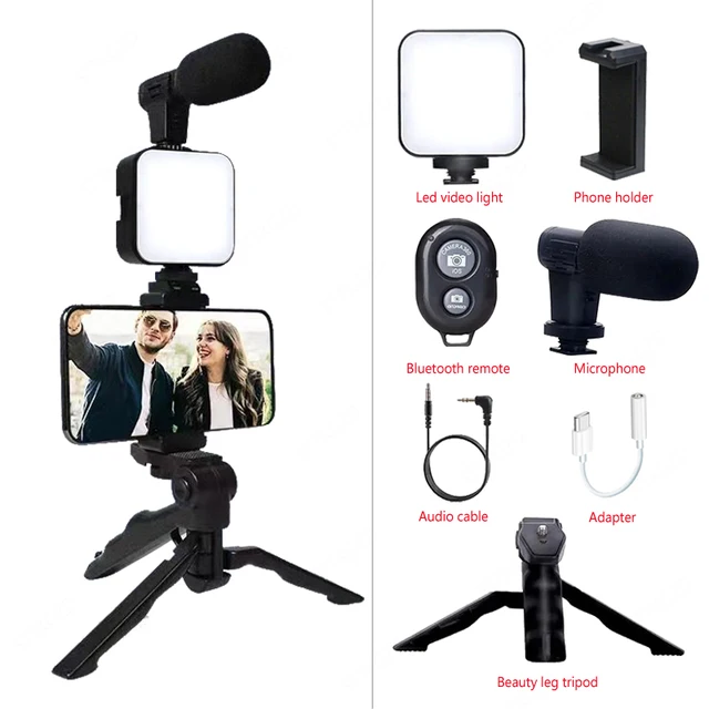 Smartphone Vlogging Kit With Tripod Phone Holder Mini Microphone LED Fill Light Starter For TikTok Live Stream Video YouTube 1