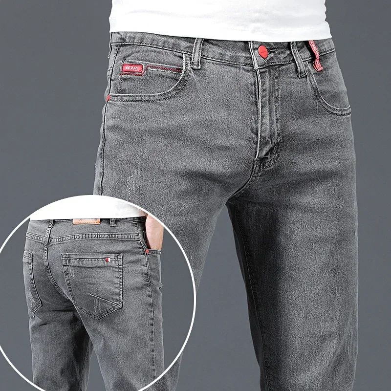 2025 New Men's Cotton Business Casual Skinny Jeans Trendy Fashionable Stretch Straight Slim Denim Trousers Male Blue Grey 2