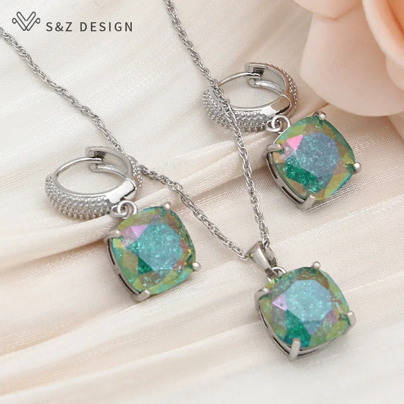 S&Z DESIGN New Fashion Square Crack Crystal Dangle Earrings Jewelry Sets For Women Wedding 585 Rose Gold Color Necklace Gift