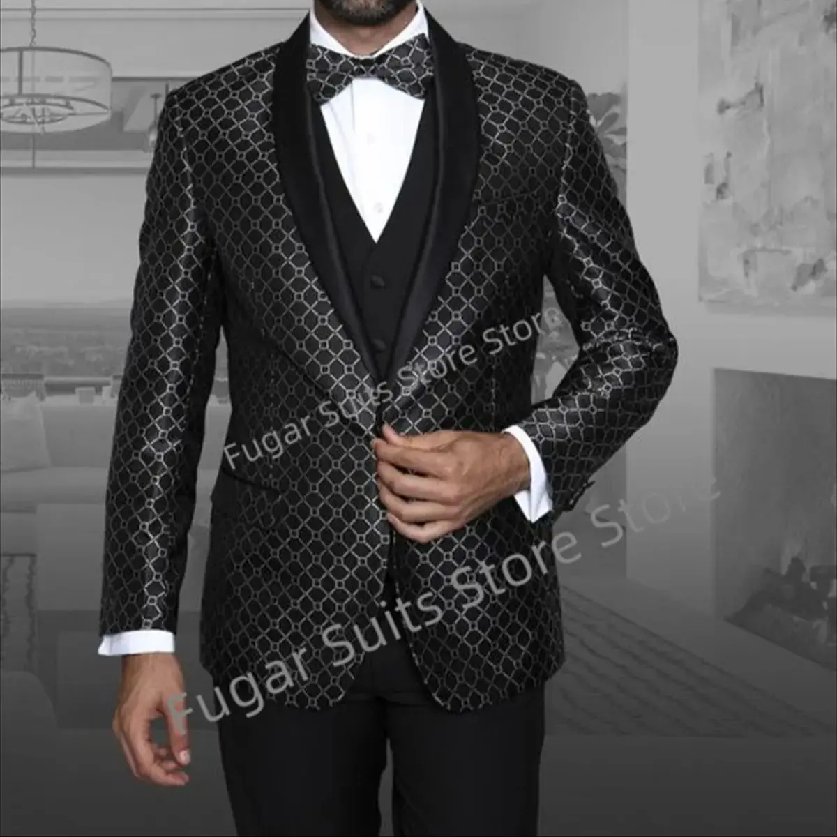 Fashion Serpentine Patterned Jacquard Elegant Suit for Men Slim Fit Shawl Lapel Groom Formal Tuxedos 3Pieces(Blazer+Vest+Pants)