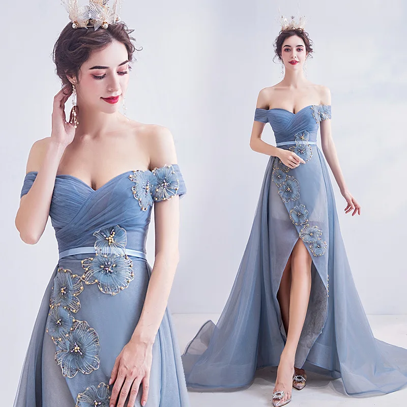 Una Linea Con Spalle Scoperte Abiti Da Sera Da Donna Appliques Tulle Con Spacco Frontale Abiti Da Festa Vestido De Noche Robes De Soirée